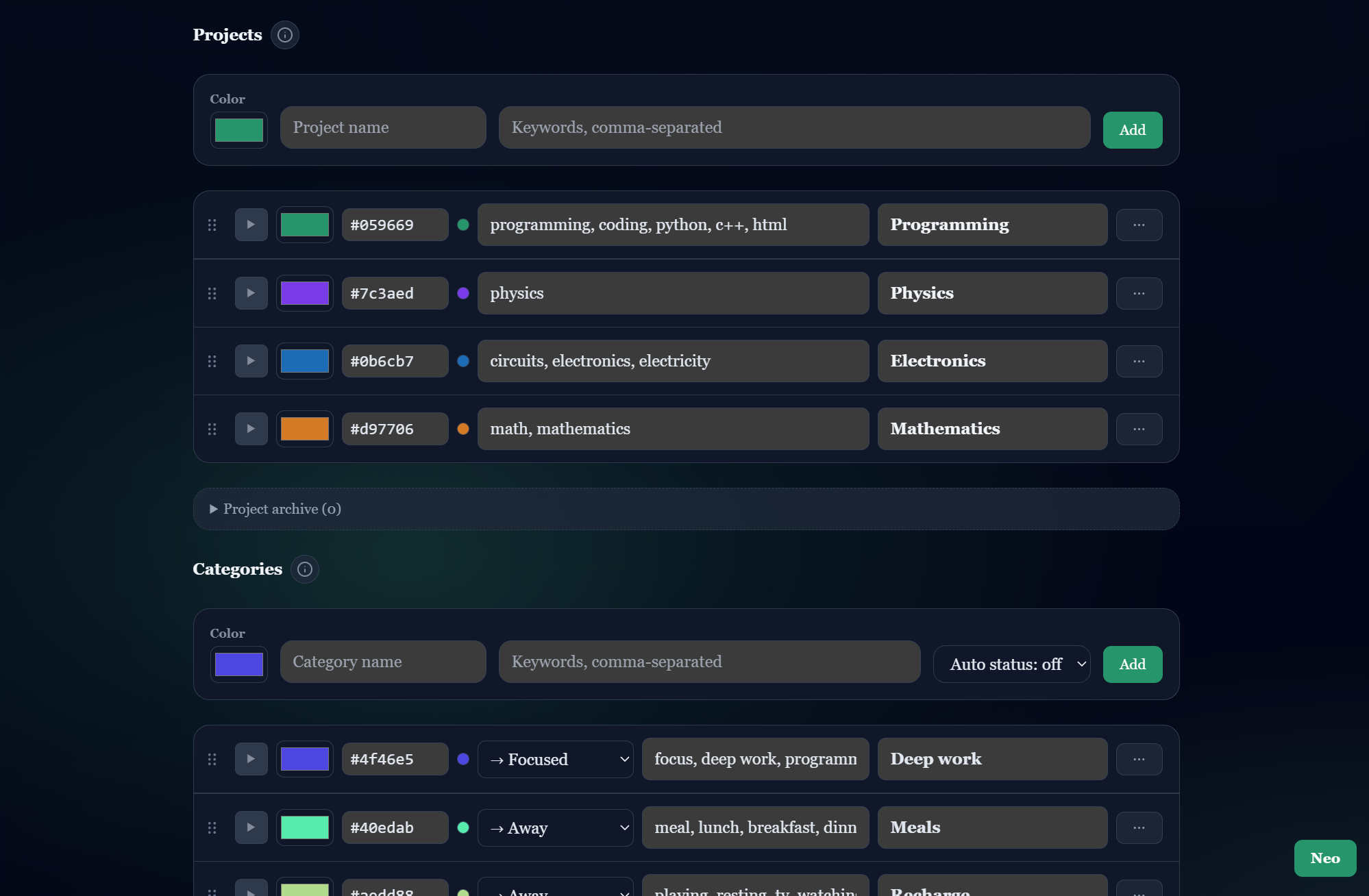 Academbly Projects and Categories management view